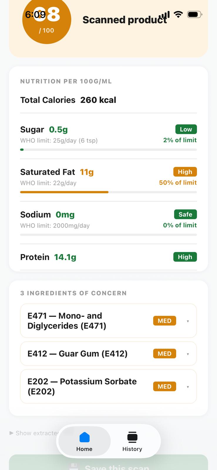 LabelCop scan: 68/100, protein high, three ingredients of concern